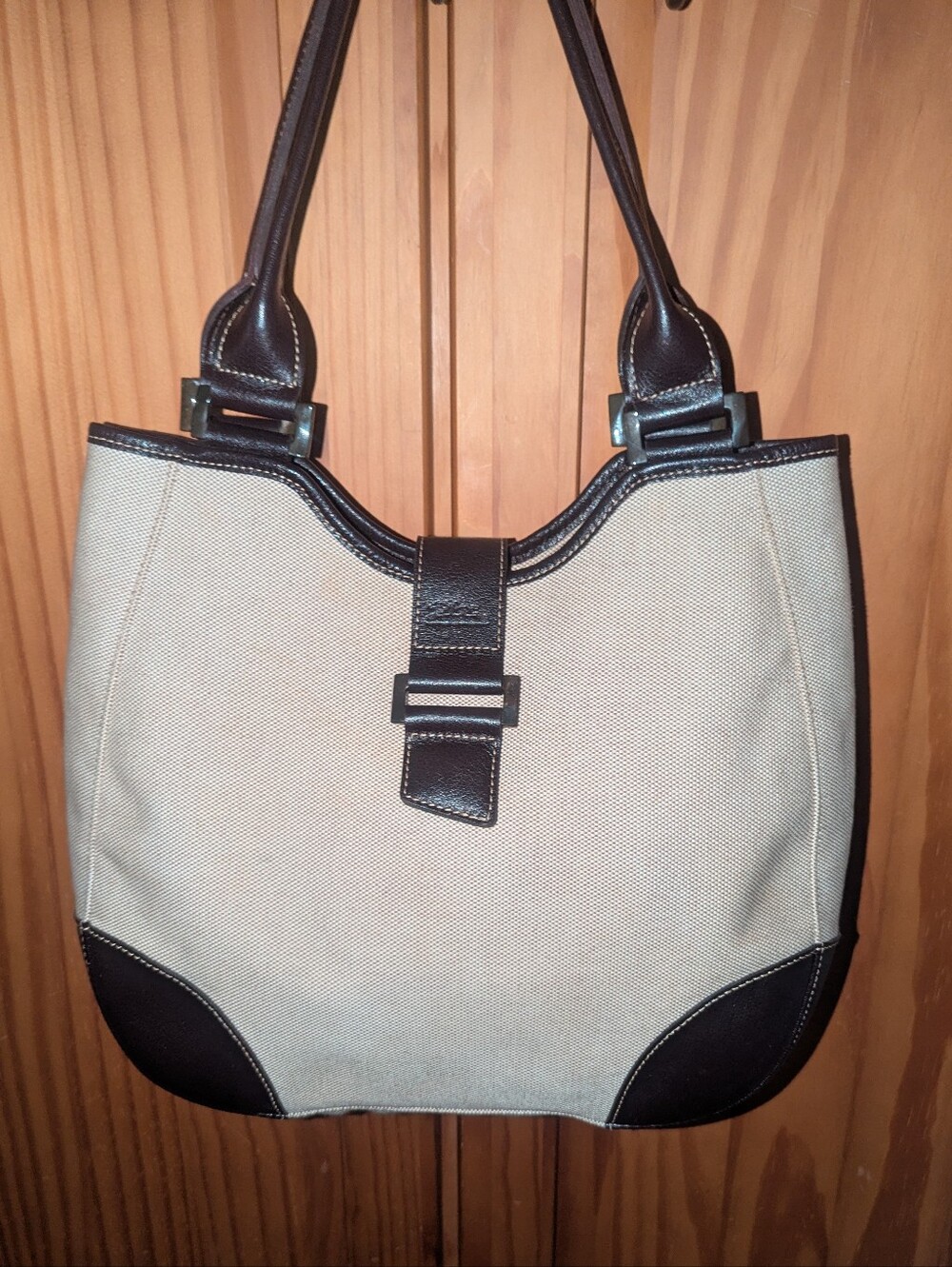 Longchamp Pliage Beige Canvas Tote with Dark Brown Trim Made in France